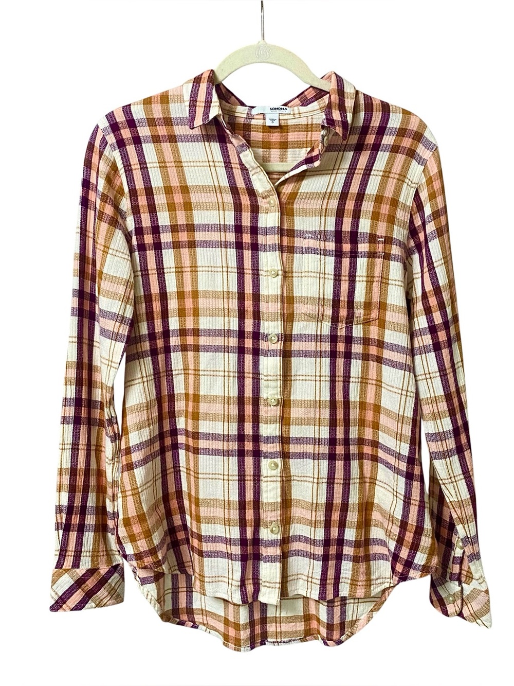 Sonoma plaid striped gauzy button up casual long sleeve shirt size small NWTs